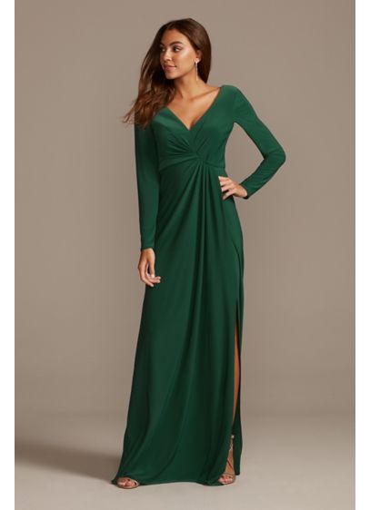 Long Sleeve Jersey V-Neck Dress with Slit - This sleek, sexy long sleeve dress features a